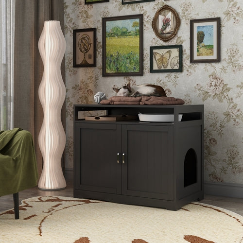 Hidden Cat Litter Box Furniture with Storage Bench , Wooden Pet House